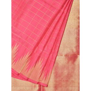 Baby Pink Color Kanchipuram Saree Checks Temple With Border Design