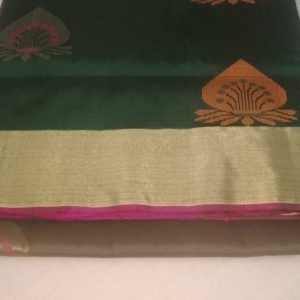 Kanchi Soft Silk Sarees Green w/ Pink Color