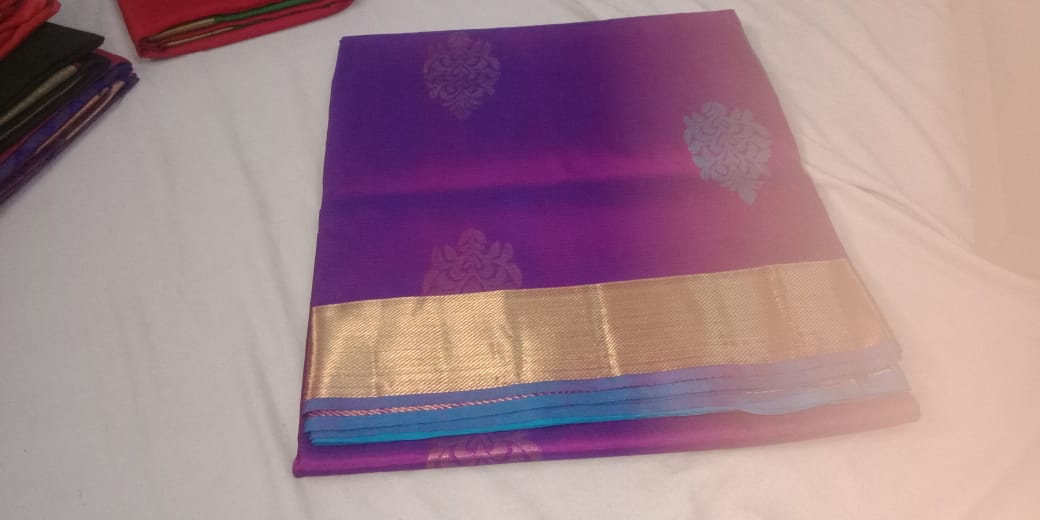 Kanchi Soft Silk Sarees Purple w/ Sky Blue Color