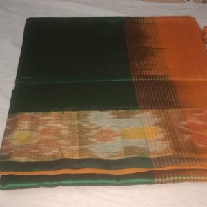 Kanjivaram Cotton Silk Sarees Green w/ Orange Color