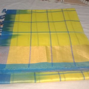 Kanjivaram Cotton Silk Saree Lemon Yellow w/ Cyan Blue