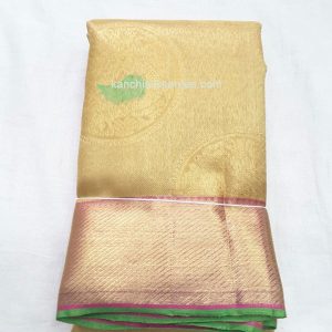 Kanchi Handloom Pure Silk Sarees Straw Green w/ Gold Zari and Pink Color