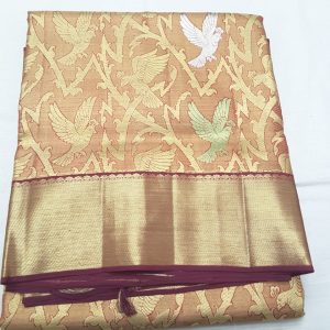 Kanjivaram Handloom Pure Silk Sarees Cameo Brown w/ Maroon Gold Zari Color
