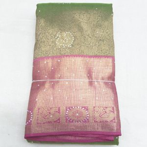 Kanchipuram Handloom Pure Silk Sarees Chalet Green w/ Fuscia Rose and Gold Zari Color