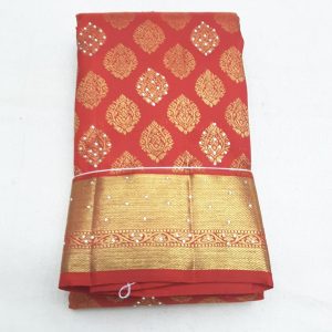 Kanchi Pure Silk Stone Work Sarees Candy Red w/ Gold Color
