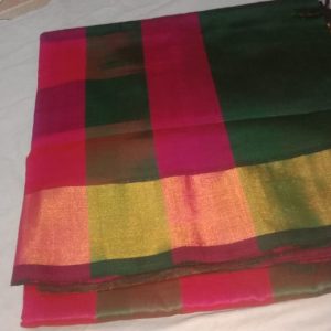 Kanchi Semi Silk Small Checks Cotton Sarees Myrtle Green w/ Lipstick Pink Color
