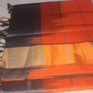 Kanchi Semi Silk Checks Cotton Sarees Cinnabar Orange w/ Charcoal Grey Color