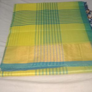 Kanchi Semi Silk Cotton Sarees Old Gold Yellow w/ Ramar Blue Color
