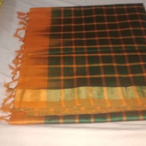 Kanchi Semi Silk Small Checks Cotton Sarees Pine Green w/ Gold Yellow Color