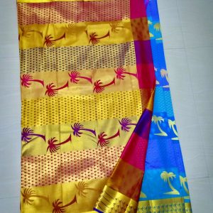 Kanchipuram Soft Silk Sarees Coconut Tree Design Dodger Blue w/ Multi Color