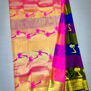 Kanchi Soft Silk Sarees Coconut Tree Design Karaka Green w/ Hot Pink Color