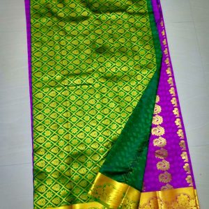 Kanchi Soft Silk Sarees Mango Flower Design Dark Violet w/ Crusoe Green Color
