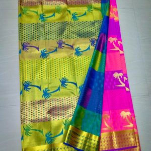 Kanchi Soft Silk Sarees Coconut Tree Design Hot Pink w/ Ocean Color
