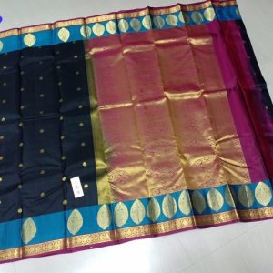 Kanchi Soft Silk Sarees Putta and Sweet Corn Design Black Pearl w/ Pink and Sky Blue Color