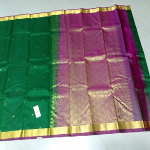 Kanchi Soft Silk Sarees Putta Design Fun Green w/ Magenta Color