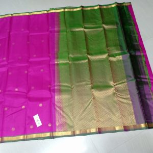 Kanchi Soft Silk Sarees Putta Design Medium Violet Red w/ Bilbao Green Color