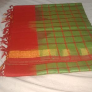 Kanchi Semi Silk Small Checks Cotton Sarees Olive Drab w/ Fire Brick Color