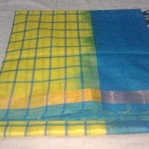 Kanjivaram Semi Silk Small Checks Cotton Sarees Pineapple Yellow w/ Cerulean Blue Color