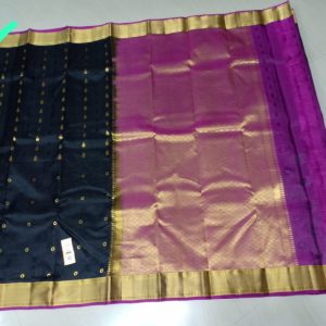 Kanchipuram Soft Silk Zari Circle Design Sarees Black Pearl w/ Dark Purple Color