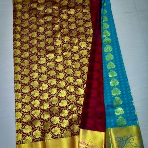 Kanchipuam Soft Silk Sarees Mango Tree Design Bondi Blue w/ Burgundy Red Color