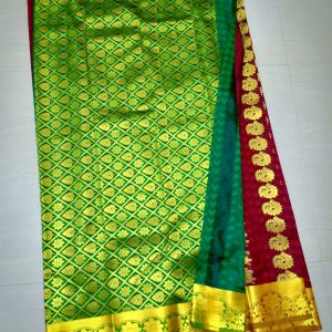 Kanchi Soft Silk Sarees Mango Flower Design Burgundy Red w/ British Racing Green Color