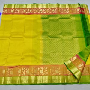 Kanchi Soft Silk Sarees Mango and Flower Design Butter Yellow w/ Shamrock Green Color
