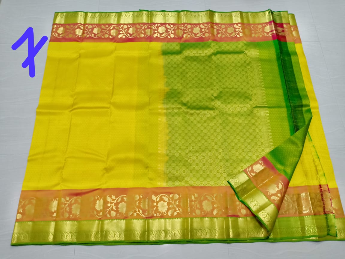 Kanchi Soft Silk Sarees Mango and Flower Design Butter Yellow w/ Shamrock Green Color