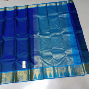 Kanchi Soft Silk Sarees Peacock and Temple Design Dark Cerulean Blue w/ Allports Blue Color