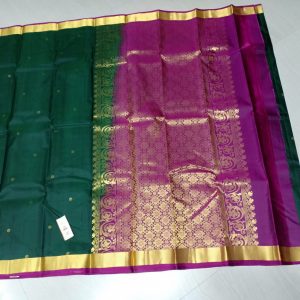 Kanchipuram Soft Silk Sarees Putta Design Deep Teal Green w/ Purple Color