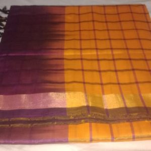 Kanchi Semi Silk Small Checks Cotton Sarees Dixie Orange w/ Sangria Color