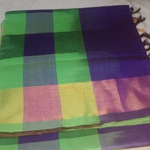 Kanchi Semi Silk Checks Cotton Sarees Fern Green w/ Christalle Purple Color