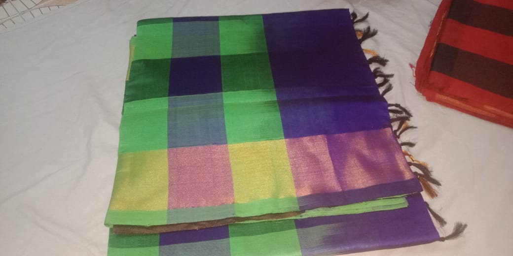 Kanchi Semi Silk Checks Cotton Sarees Fern Green w/ Christalle Purple Color