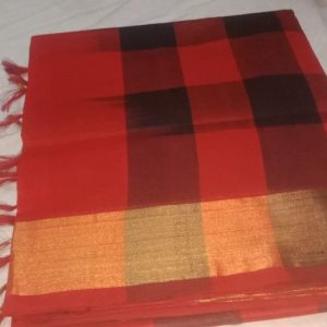 Kanchipuram Semi Silk Checks Cotton Sarees Fire Brick w/ Seal Brown Color