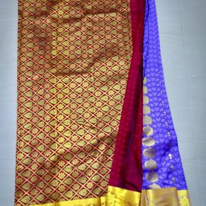Kanchi Soft Silk Sarees Flower Design Neon Blue w/ Burgundy Color