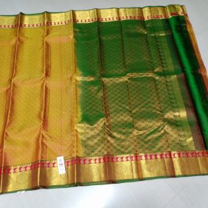 Kanchi Soft Silk Trendy Mango Zari Design Sarees Nugget Yellow w/ Green Color