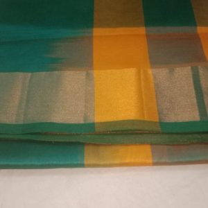 Kanchi Semi Silk Checks Cotton Sarees Ochre Orange w/ Deep Teal Blue Color