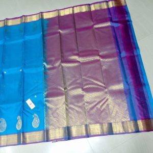 Kanchi Soft Silk Mango Zari Design Sarees Pacific Blue & Pink Shade Color