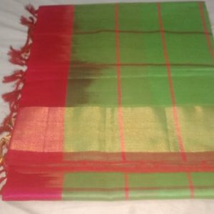 Kanjivaram Semi Silk Checks Cotton Sarees Parrot Green w/ Dark Pink Color