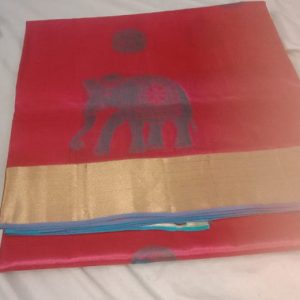 Kanjivaram Soft Silk Sarees Bright Red w/ Kashmir Blue Color