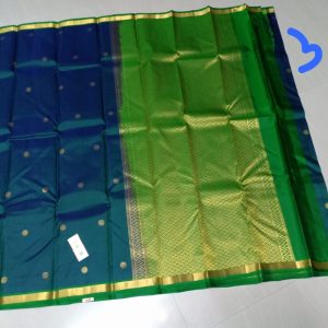 Kanchi Soft Silk Sarees Putta Design Prussian Blue w/ San Felix Green Color