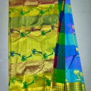 Kanchi Soft Silk Sarees Cocount Tree Design Blue w/ Multi Color