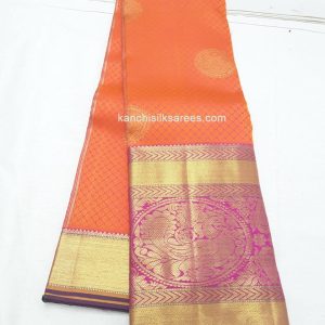 Kanchi Pure Handloom Silk Sarees Peacock Design Jaffa Orange w/ Magenta Color