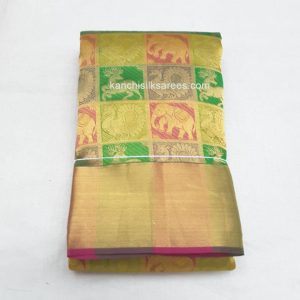 Trendy Kanchi Pure Pattu Sarees Elephant, Deer, Annam Design Multi w/ Gold Zari Color