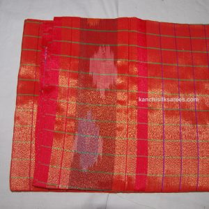 Kanchi Semi Silk Cotton Small Checks Sarees Fire Red Color Fully Zari Work