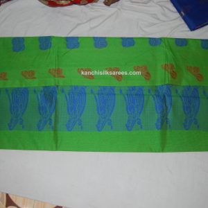 Kanchi Semi Silk Cotton Sarees Dancing Girl and Veena Design Forest Green w/ Pink and Navy Blue Color