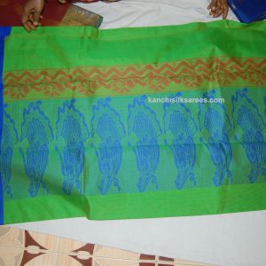 Kanchi Semi Silk Cotton Sarees Dancing Girl and Veena Design Forest Green w/ Pink and Navy Blue Color