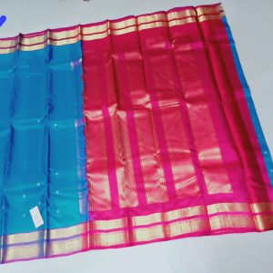 Kanchi Soft Silk Sarees Small Putta Design Cerulean Blue w/ Magenta Color
