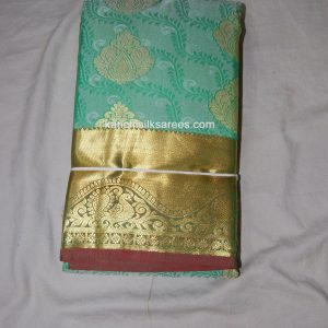 Kanjivaram Soft Silk Sarees Flower and Peacock Design Acapulco Green w/ Gold Zari Color