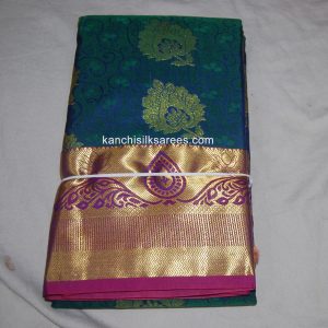 Kanchipuram Soft Silk Sarees Mango and Flower Design Blue Whale w/ Rose Bud Cherry Color