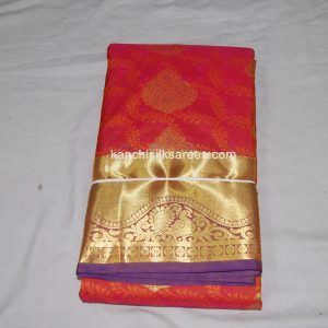 Kanchi Soft Silk Sarees Peacock and Flower Design Cardinal Red w/ Seance Purple Color